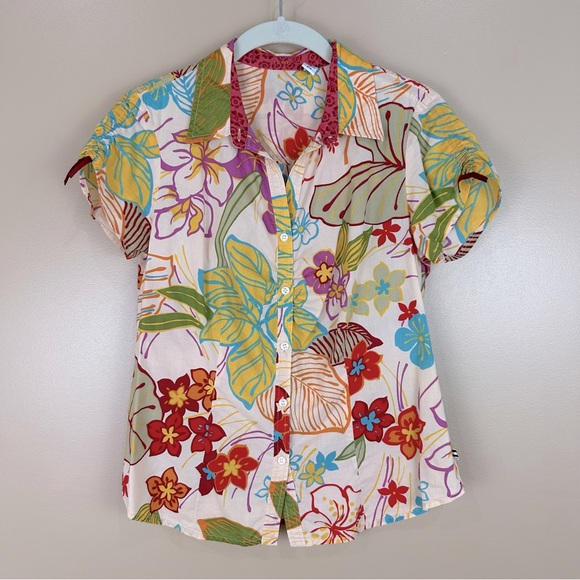 IZOD Women’s Tropical Floral Gathered Y2K Cotton Button Front Shirt Small - Picture 1 of 8